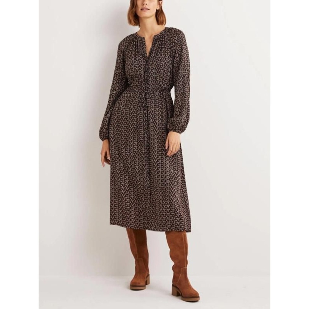 Boden Black Floral Ditsy‎ Button Front Long Sleeve Midi Dress US 10R Cottagecore